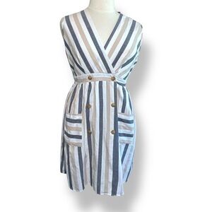 Suzy Shier Dress Blue Beige White Striped Cotton Wrap Nautical‎ Midi Size XL